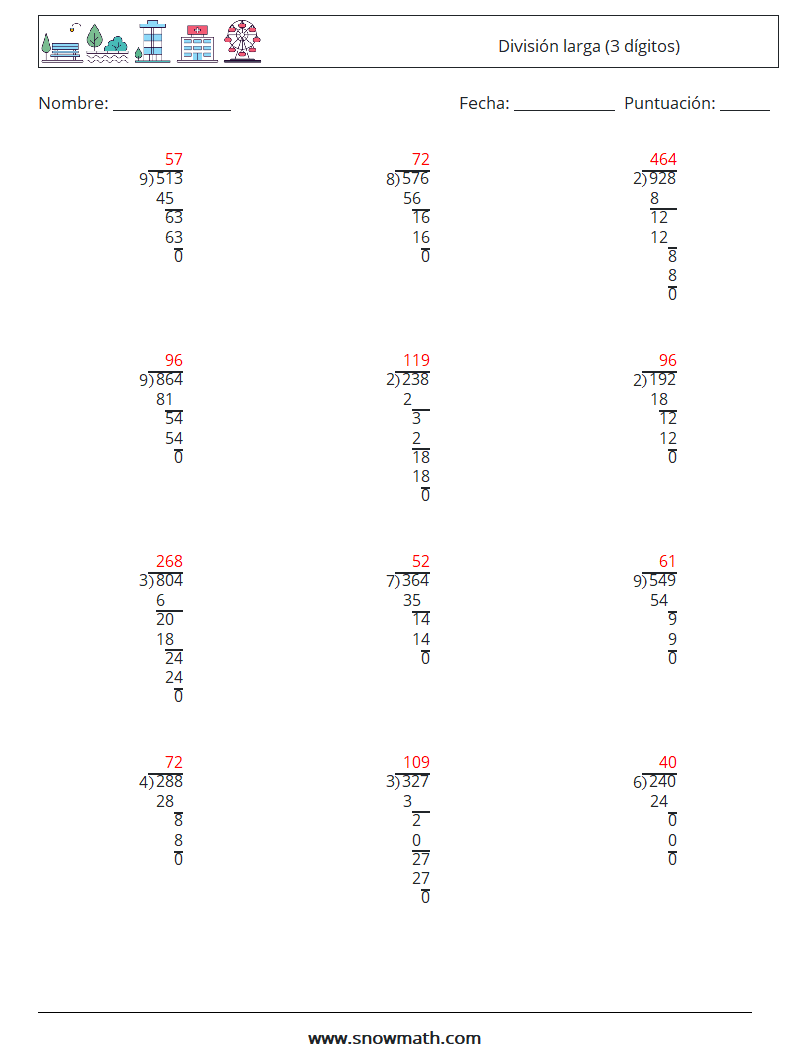 (12) División larga (3 dígitos) Hojas de trabajo de matemáticas 9 Pregunta, respuesta