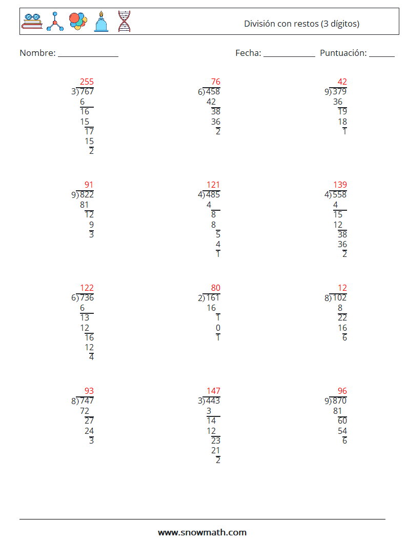 (12) División con restos (3 dígitos) Hojas de trabajo de matemáticas 11 Pregunta, respuesta