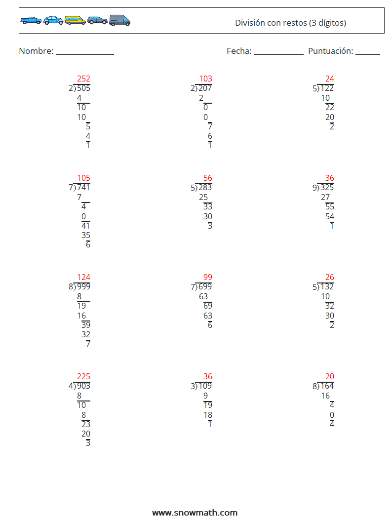 (12) División con restos (3 dígitos) Hojas de trabajo de matemáticas 18 Pregunta, respuesta