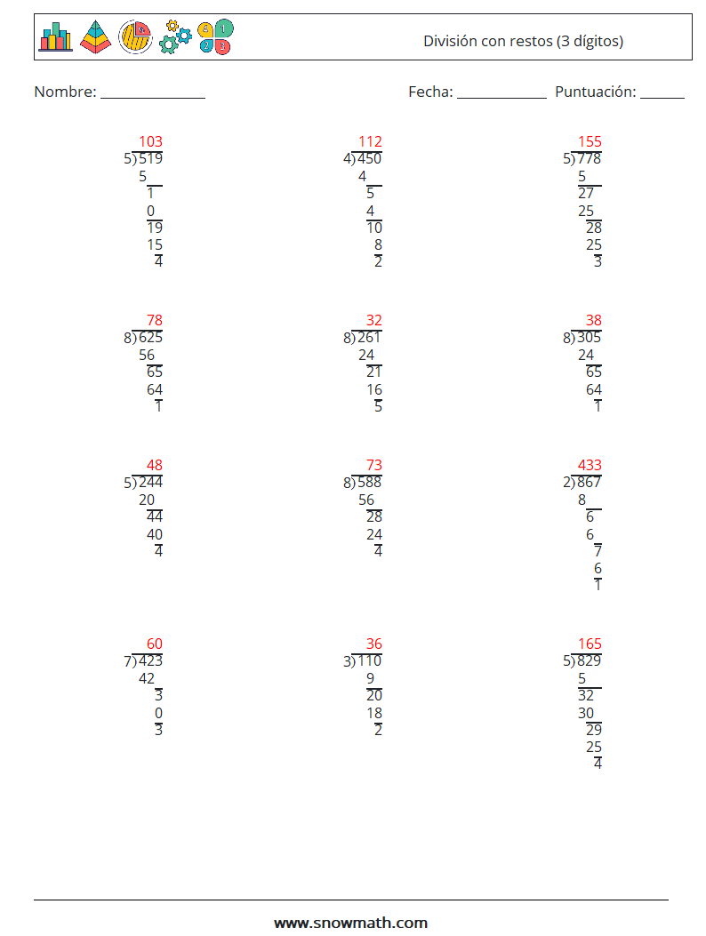 (12) División con restos (3 dígitos) Hojas de trabajo de matemáticas 1 Pregunta, respuesta