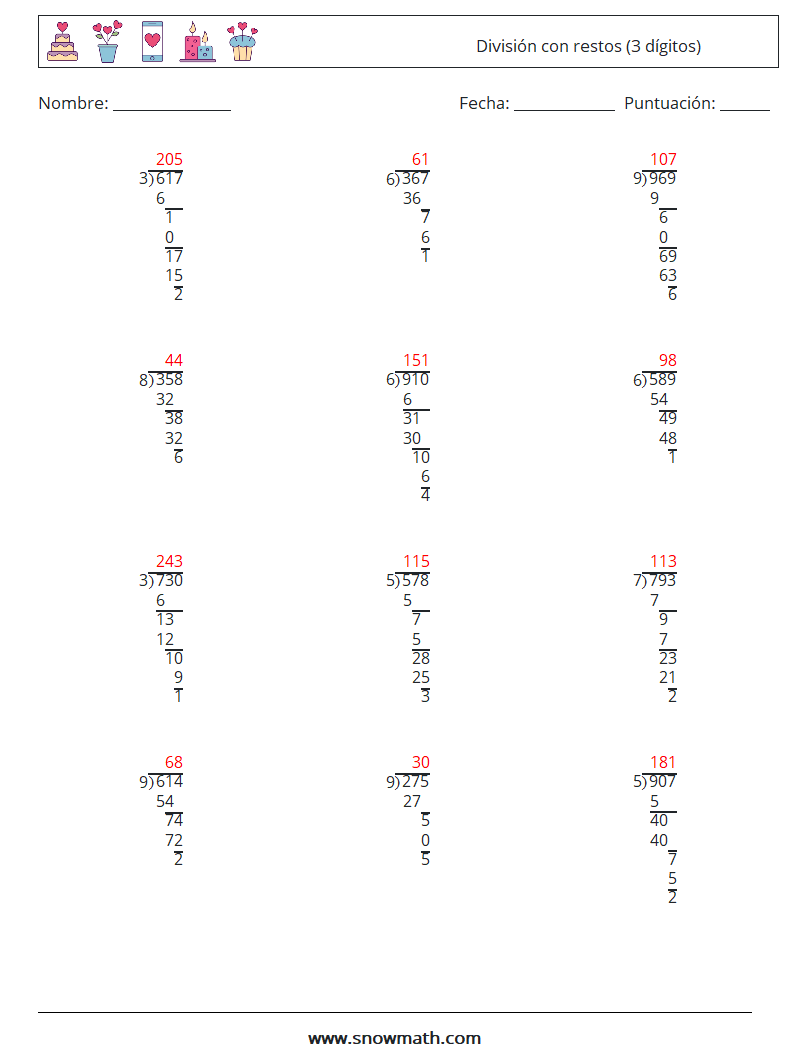 (12) División con restos (3 dígitos) Hojas de trabajo de matemáticas 3 Pregunta, respuesta