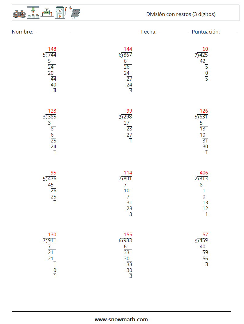 (12) División con restos (3 dígitos) Hojas de trabajo de matemáticas 8 Pregunta, respuesta
