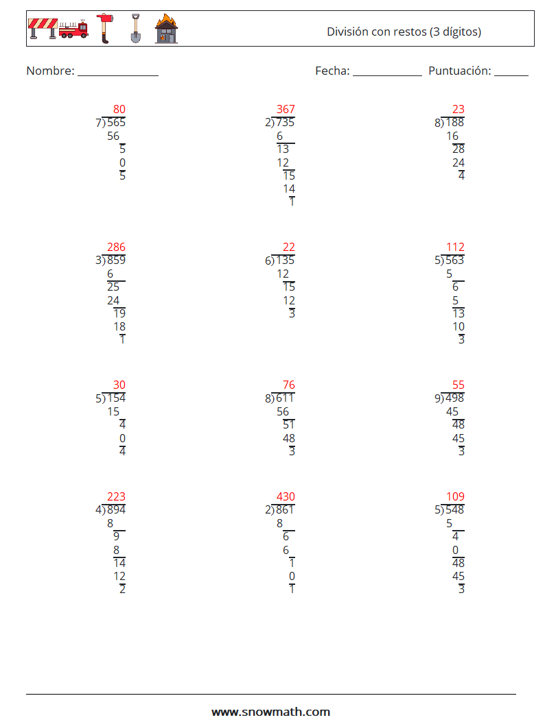 (12) División con restos (3 dígitos) Hojas de trabajo de matemáticas 9 Pregunta, respuesta