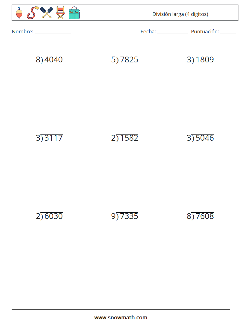 (9) División larga (4 dígitos) Hojas de trabajo de matemáticas 12