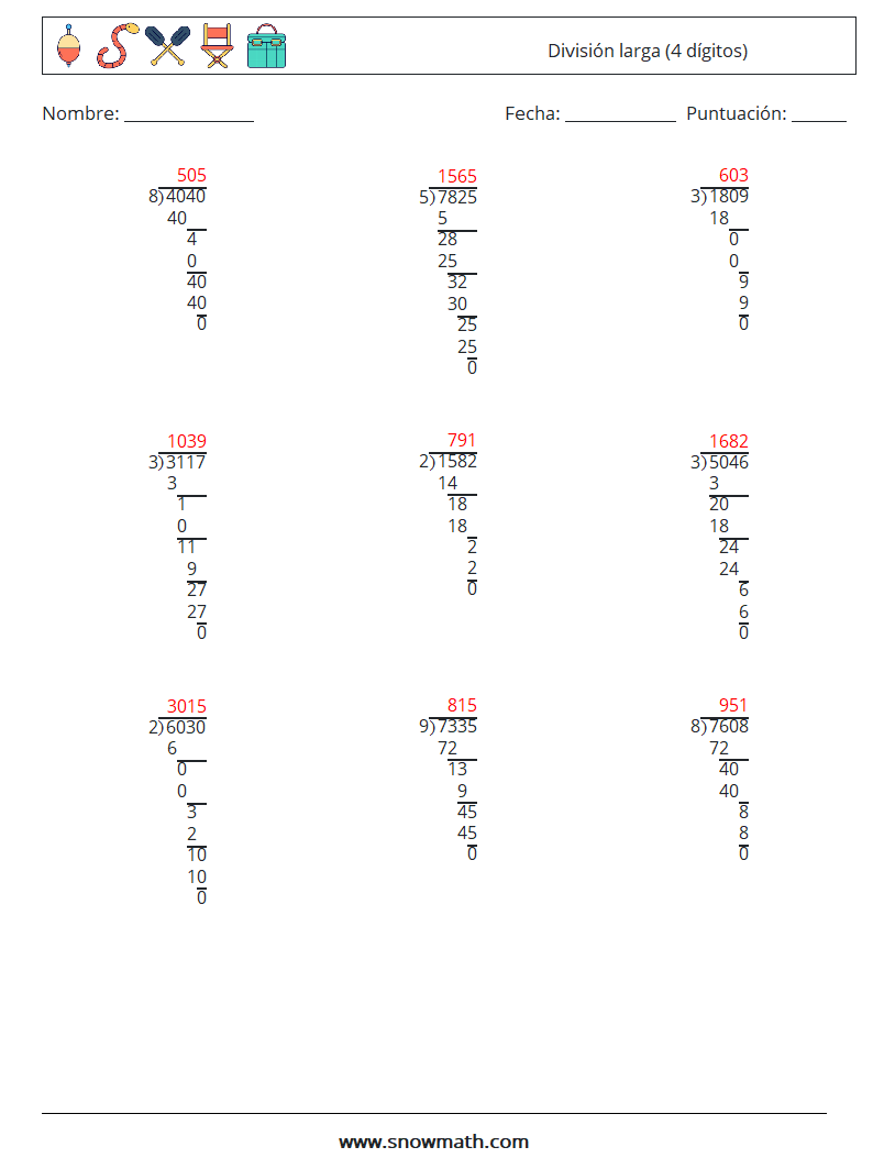 (9) División larga (4 dígitos) Hojas de trabajo de matemáticas 12 Pregunta, respuesta