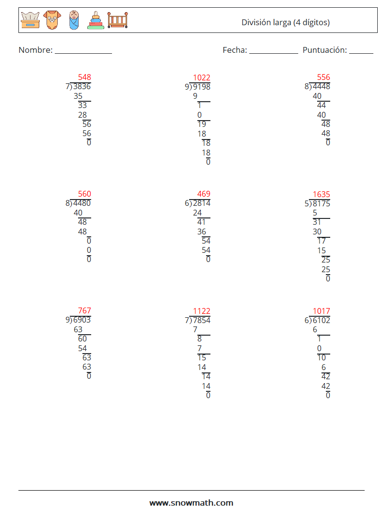 (9) División larga (4 dígitos) Hojas de trabajo de matemáticas 13 Pregunta, respuesta