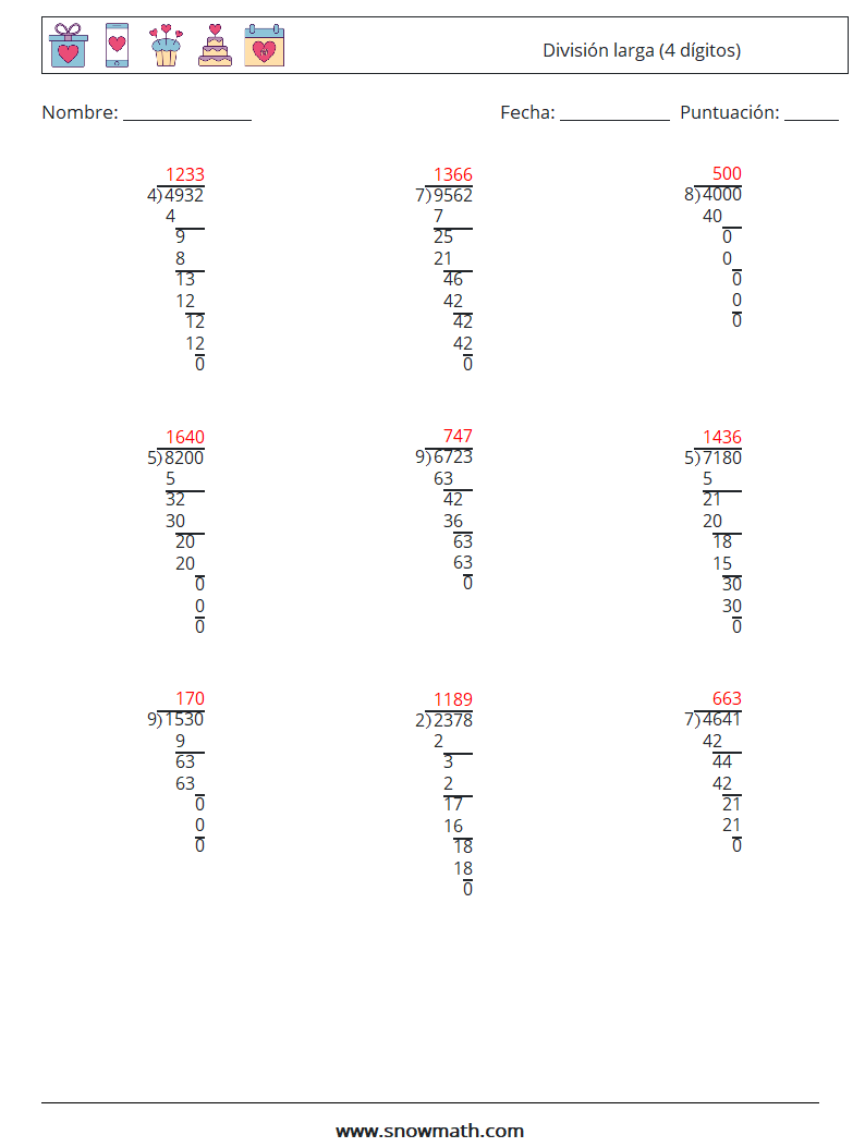 (9) División larga (4 dígitos) Hojas de trabajo de matemáticas 16 Pregunta, respuesta