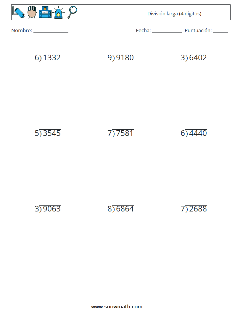 (9) División larga (4 dígitos) Hojas de trabajo de matemáticas 17