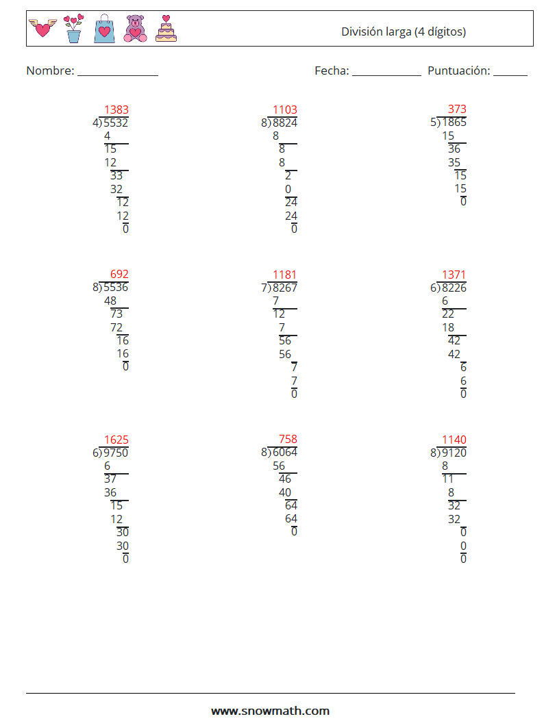 (9) División larga (4 dígitos) Hojas de trabajo de matemáticas 18 Pregunta, respuesta