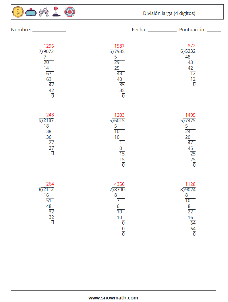 (9) División larga (4 dígitos) Hojas de trabajo de matemáticas 1 Pregunta, respuesta