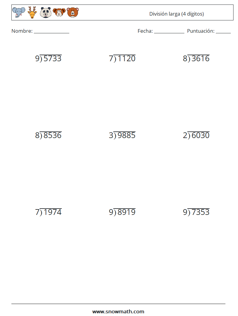 (9) División larga (4 dígitos) Hojas de trabajo de matemáticas 4