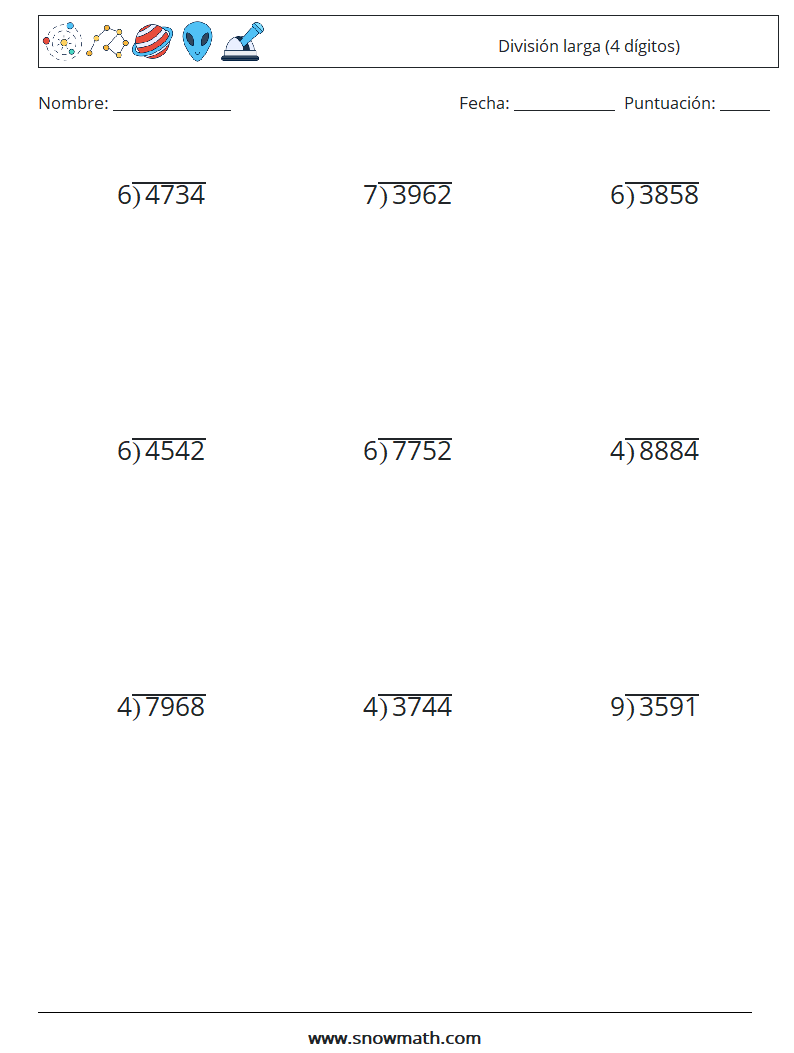 (9) División larga (4 dígitos) Hojas de trabajo de matemáticas 6