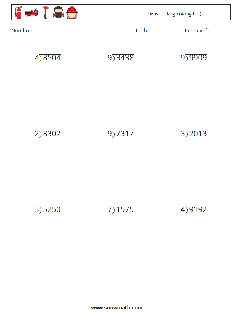 (9) División larga (4 dígitos) Hojas de trabajo de matemáticas 7