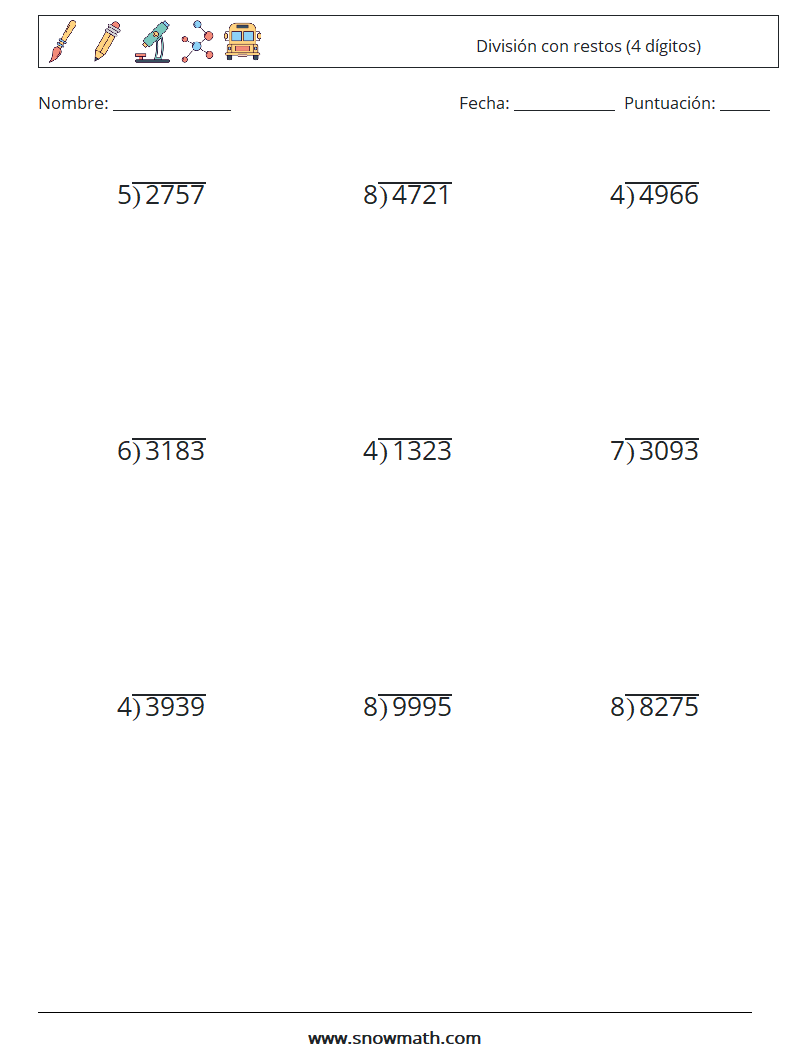 (9) División con restos (4 dígitos) Hojas de trabajo de matemáticas 10