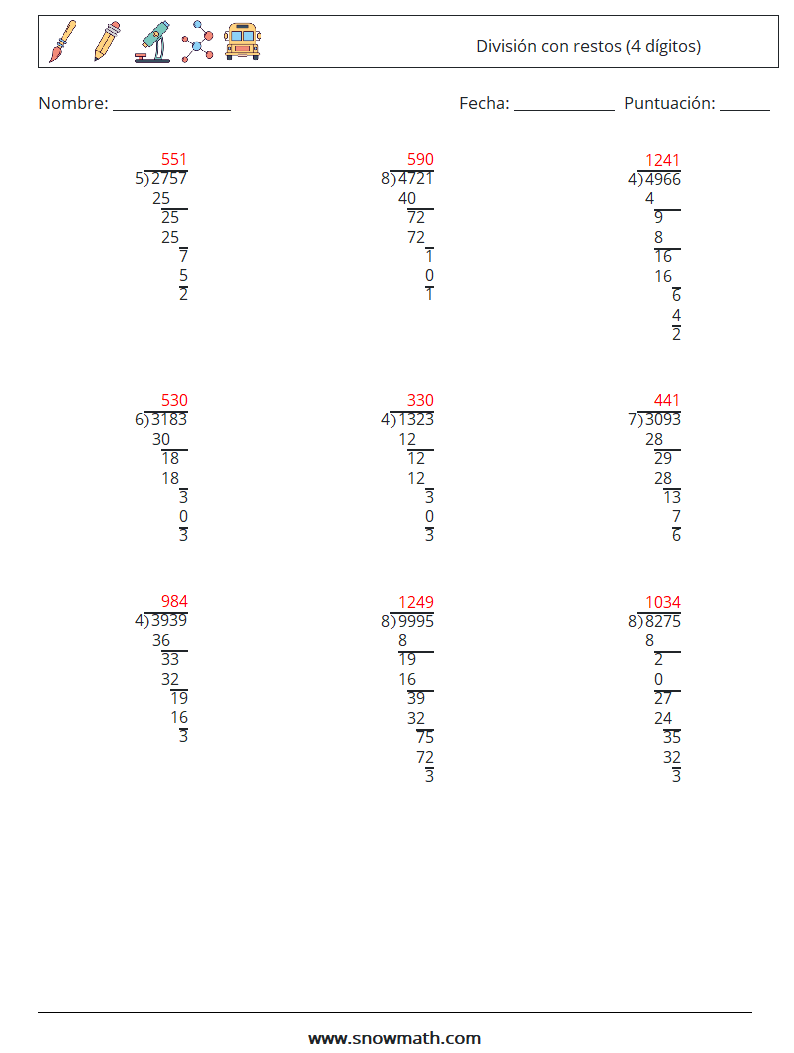 (9) División con restos (4 dígitos) Hojas de trabajo de matemáticas 10 Pregunta, respuesta