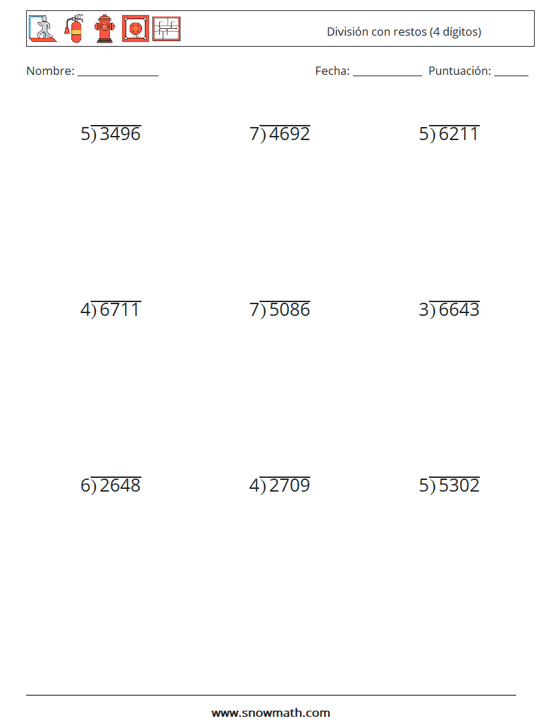 (9) División con restos (4 dígitos) Hojas de trabajo de matemáticas 12