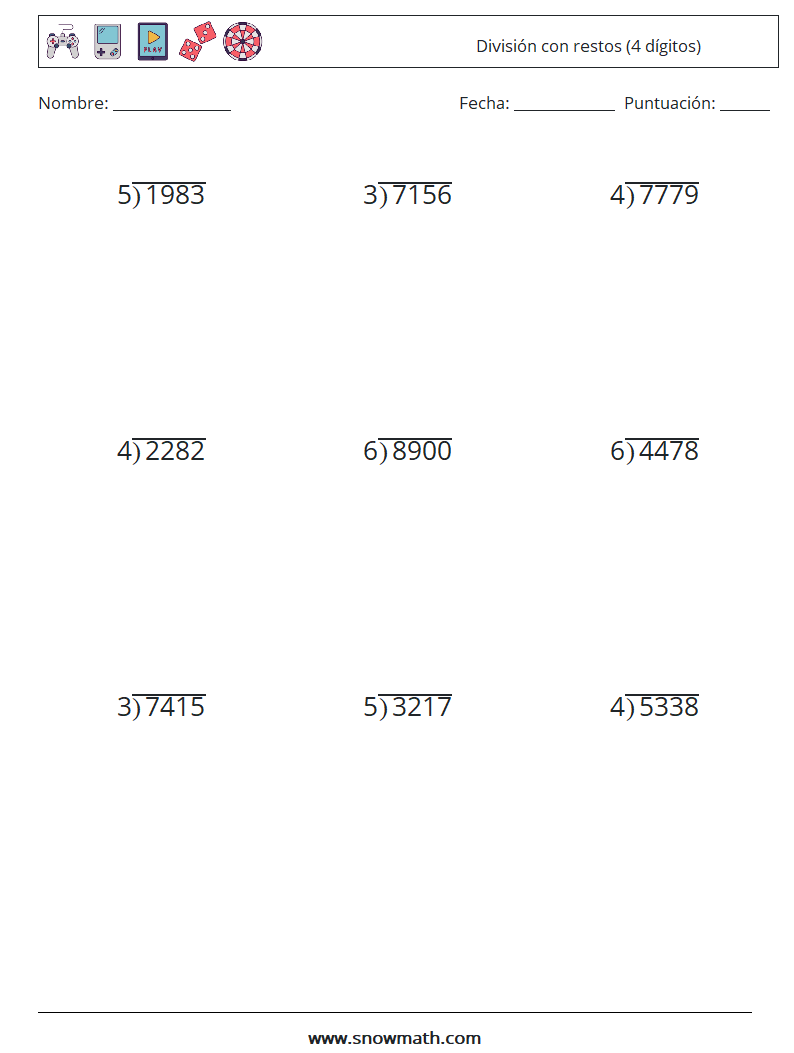 (9) División con restos (4 dígitos) Hojas de trabajo de matemáticas 13