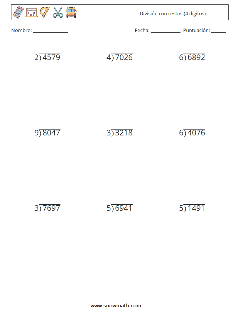 (9) División con restos (4 dígitos) Hojas de trabajo de matemáticas 14