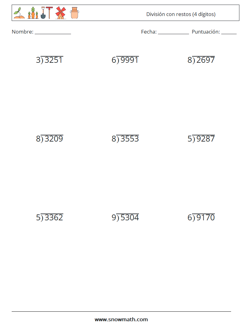 (9) División con restos (4 dígitos) Hojas de trabajo de matemáticas 17