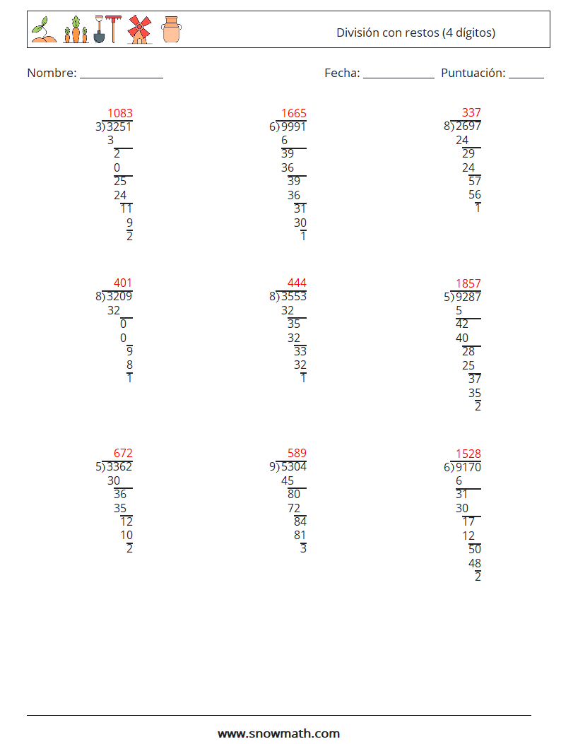 (9) División con restos (4 dígitos) Hojas de trabajo de matemáticas 17 Pregunta, respuesta