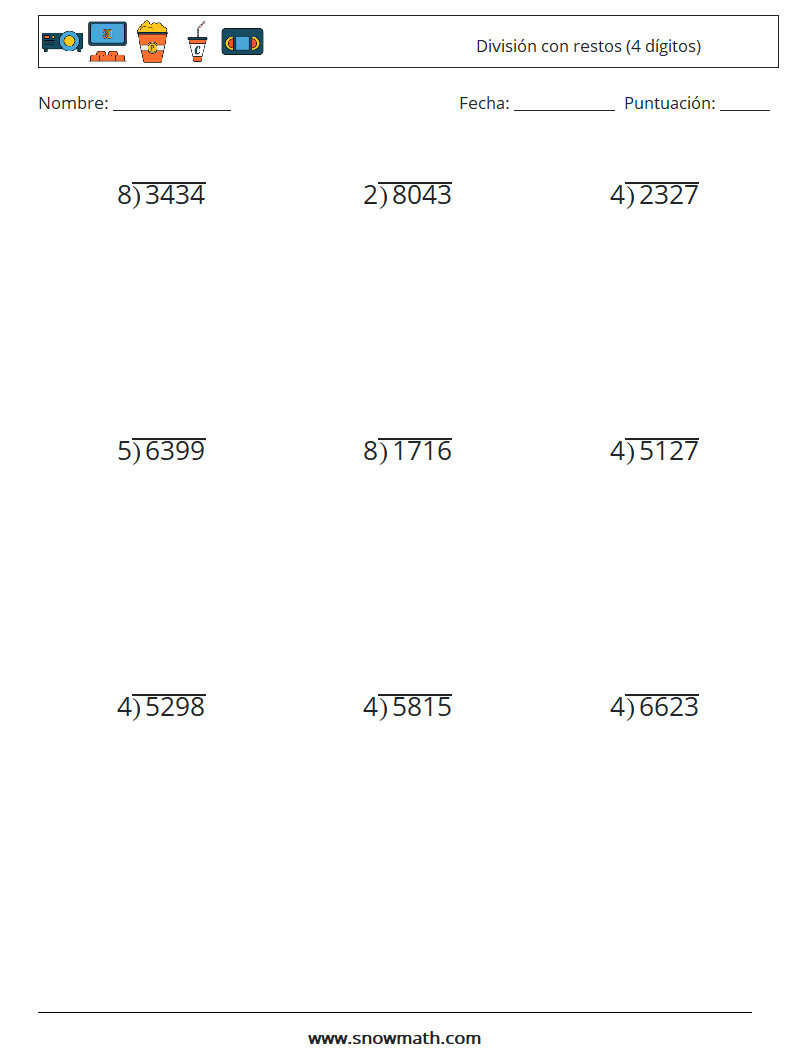 (9) División con restos (4 dígitos) Hojas de trabajo de matemáticas 3