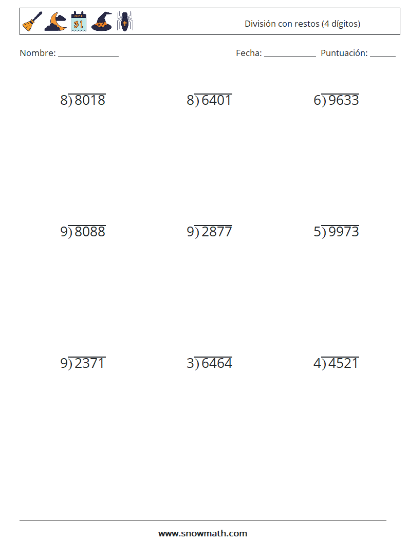 (9) División con restos (4 dígitos) Hojas de trabajo de matemáticas 4