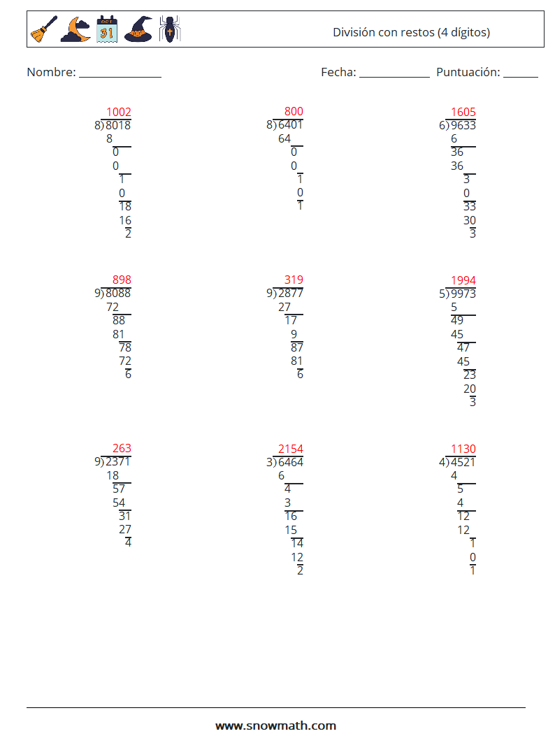 (9) División con restos (4 dígitos) Hojas de trabajo de matemáticas 4 Pregunta, respuesta