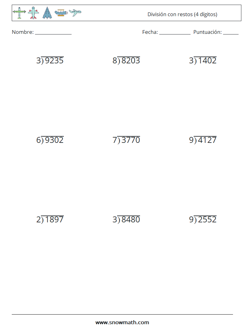 (9) División con restos (4 dígitos) Hojas de trabajo de matemáticas 5