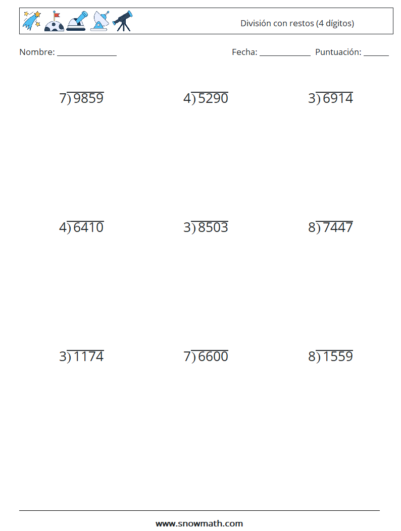 (9) División con restos (4 dígitos) Hojas de trabajo de matemáticas 6
