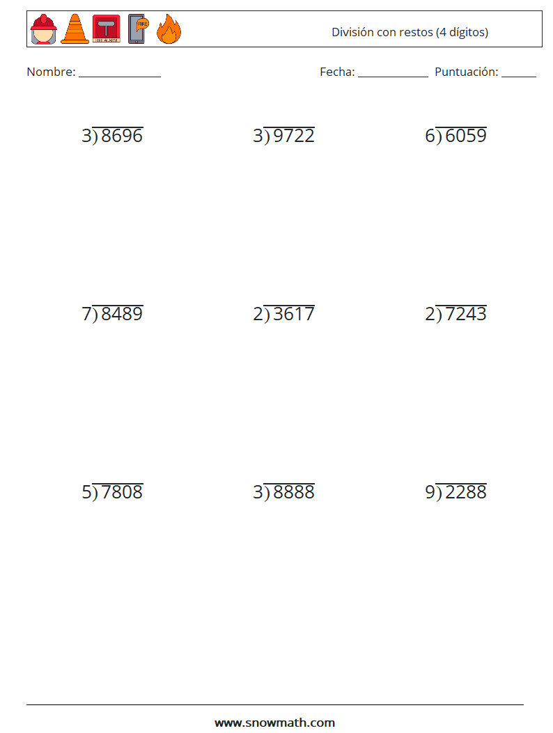 (9) División con restos (4 dígitos) Hojas de trabajo de matemáticas 9