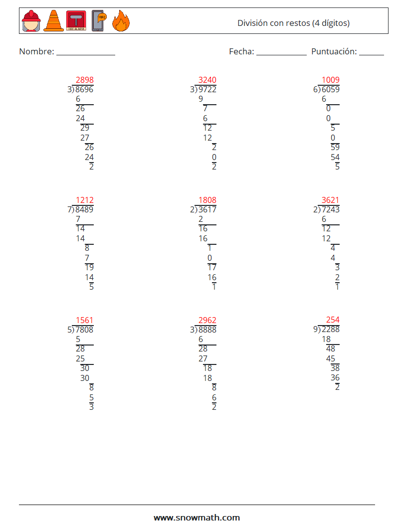 (9) División con restos (4 dígitos) Hojas de trabajo de matemáticas 9 Pregunta, respuesta