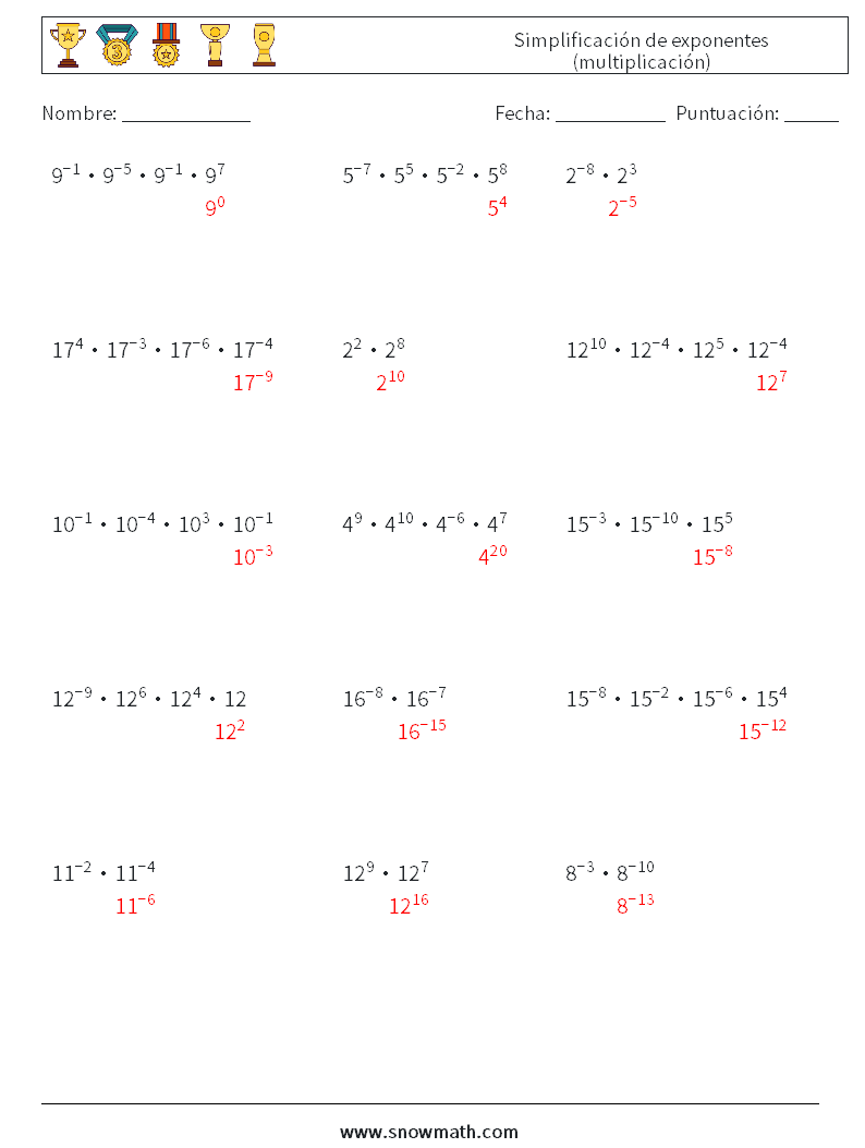 Simplificación de exponentes (multiplicación) Hojas de trabajo de matemáticas 1 Pregunta, respuesta