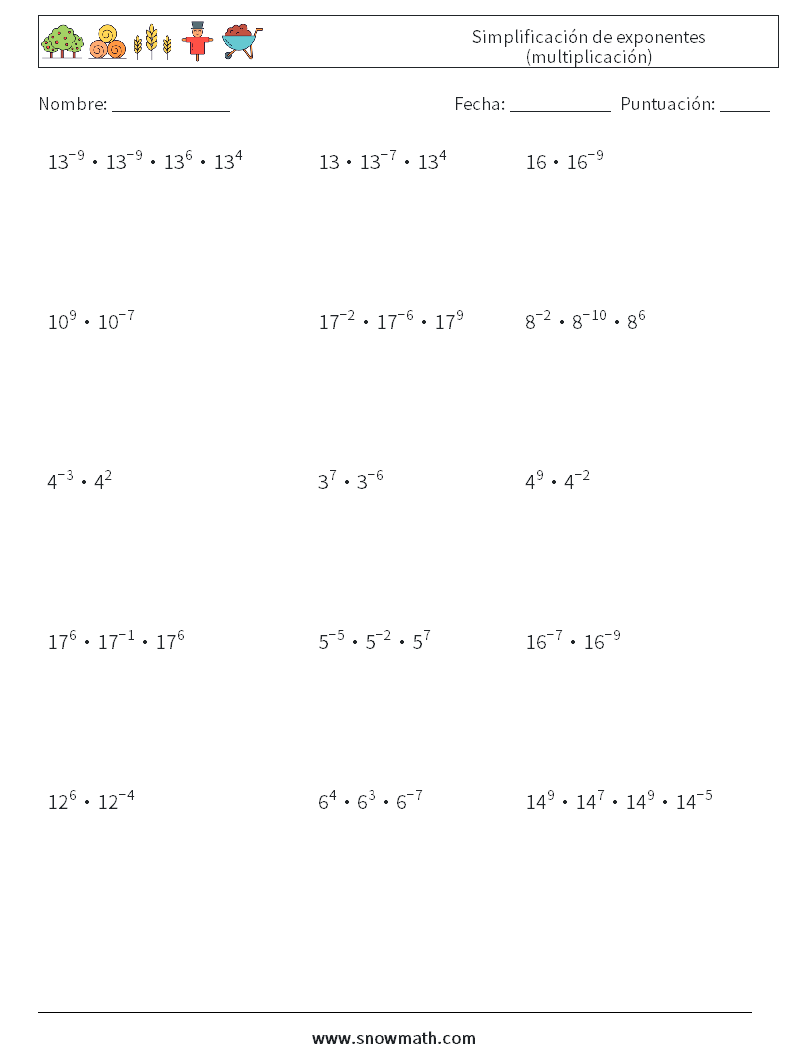 Simplificación de exponentes (multiplicación) Hojas de trabajo de matemáticas 2