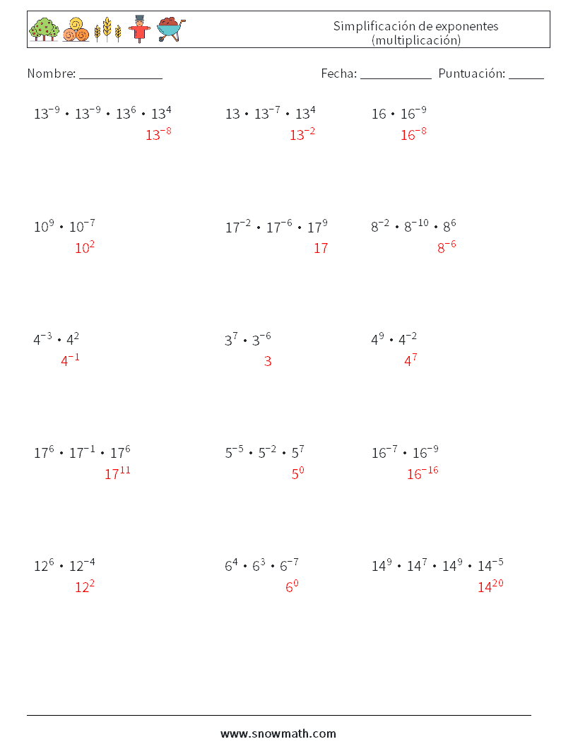 Simplificación de exponentes (multiplicación) Hojas de trabajo de matemáticas 2 Pregunta, respuesta