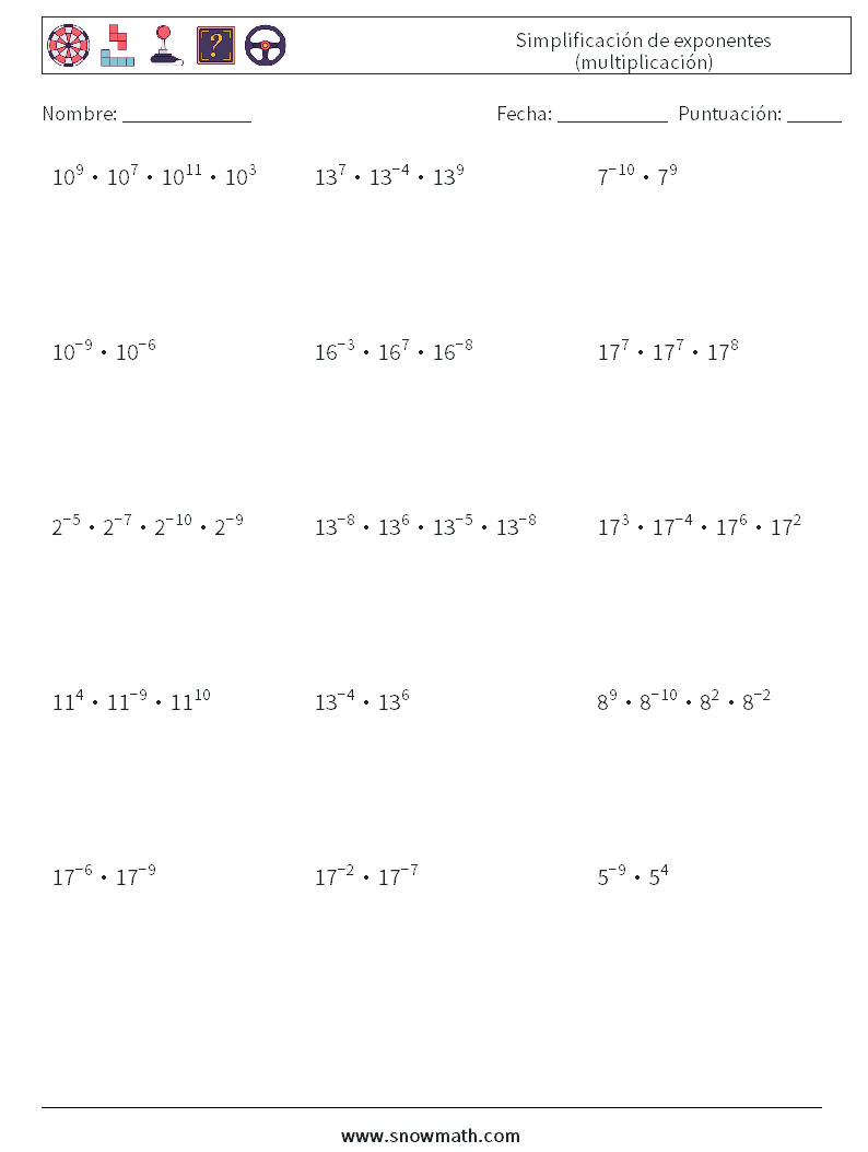Simplificación de exponentes (multiplicación) Hojas de trabajo de matemáticas 3