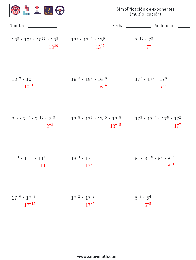 Simplificación de exponentes (multiplicación) Hojas de trabajo de matemáticas 3 Pregunta, respuesta