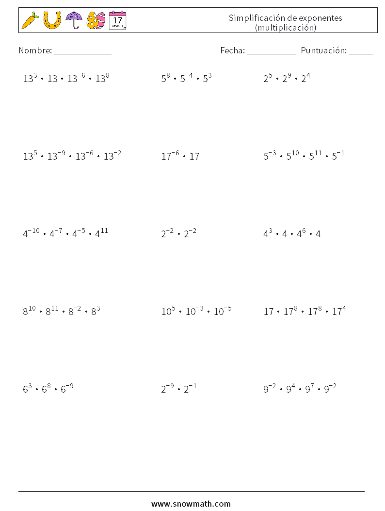 Simplificación de exponentes (multiplicación) Hojas de trabajo de matemáticas 4