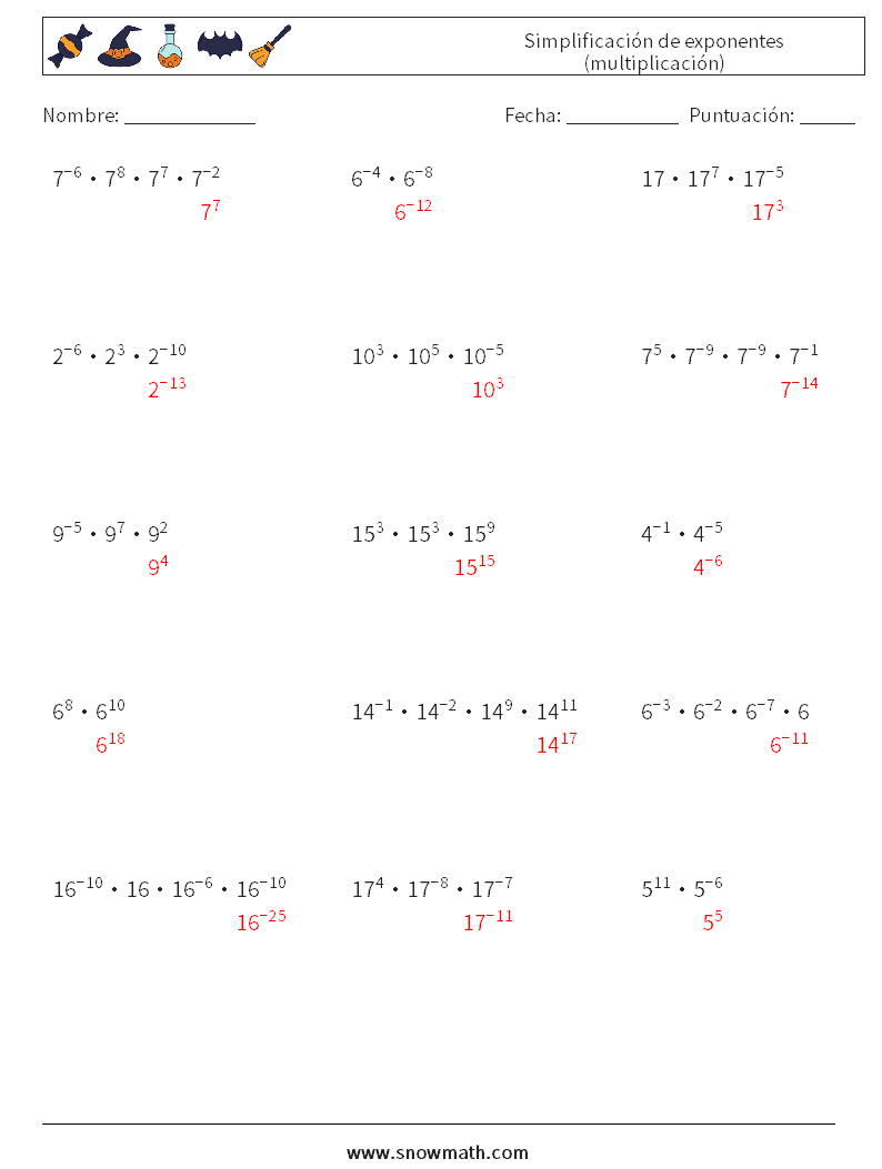 Simplificación de exponentes (multiplicación) Hojas de trabajo de matemáticas 5 Pregunta, respuesta
