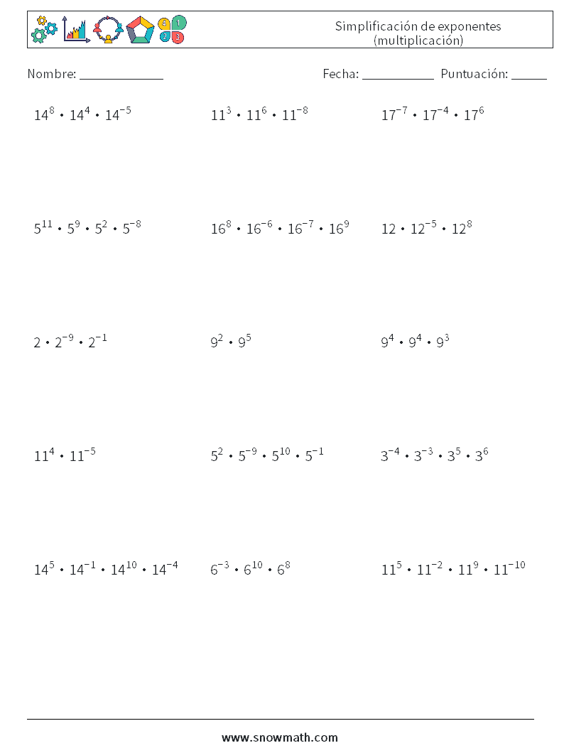 Simplificación de exponentes (multiplicación) Hojas de trabajo de matemáticas 6