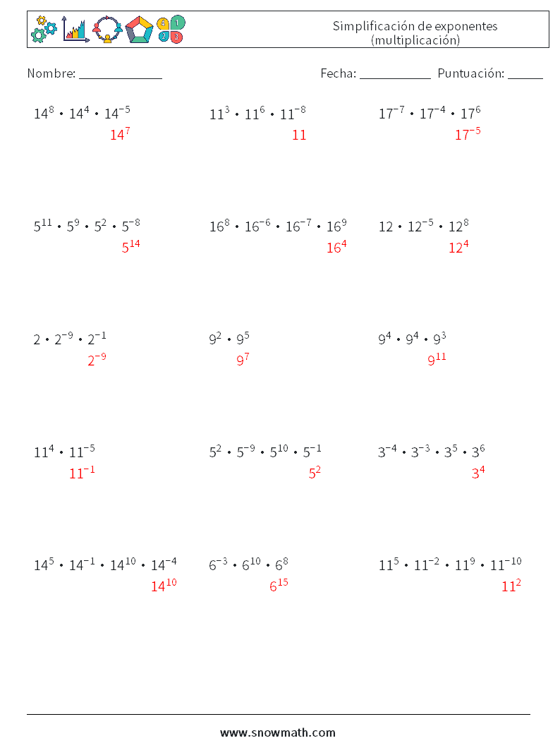Simplificación de exponentes (multiplicación) Hojas de trabajo de matemáticas 6 Pregunta, respuesta