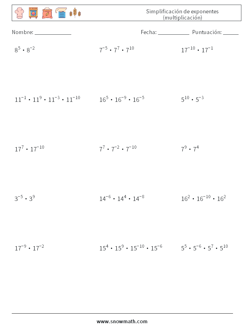 Simplificación de exponentes (multiplicación) Hojas de trabajo de matemáticas 7