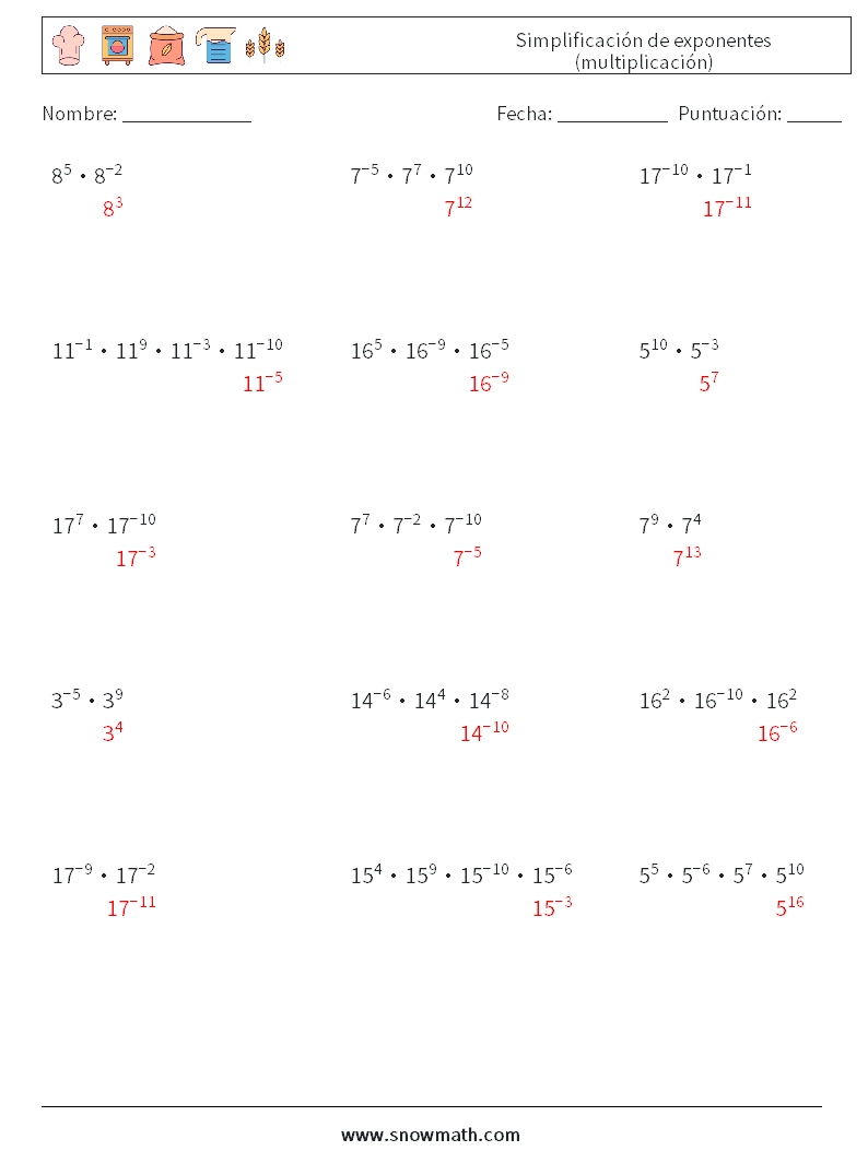 Simplificación de exponentes (multiplicación) Hojas de trabajo de matemáticas 7 Pregunta, respuesta