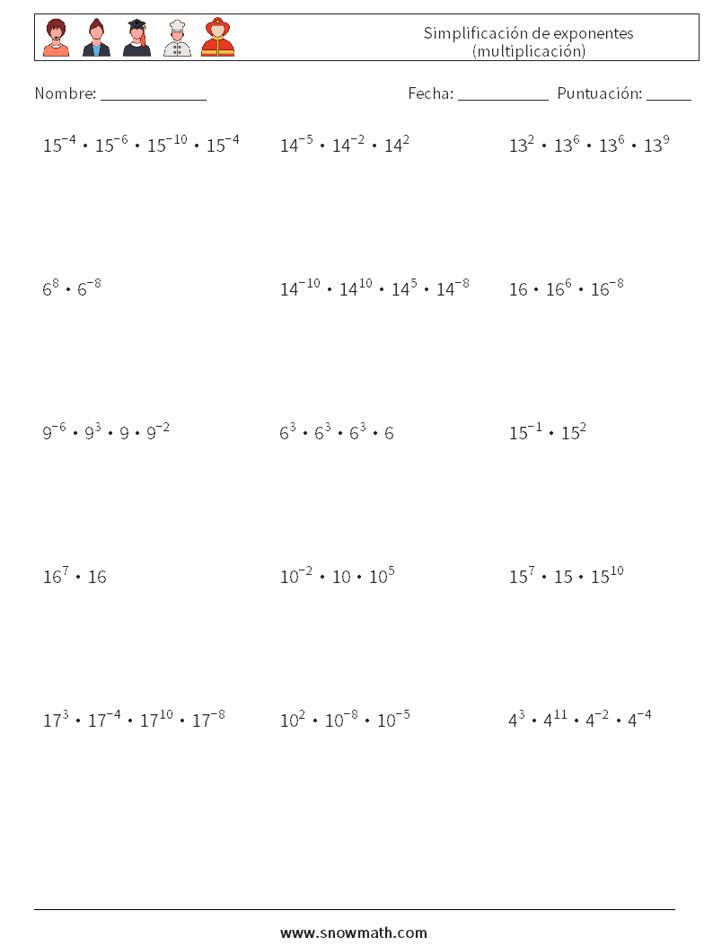 Simplificación de exponentes (multiplicación) Hojas de trabajo de matemáticas 8