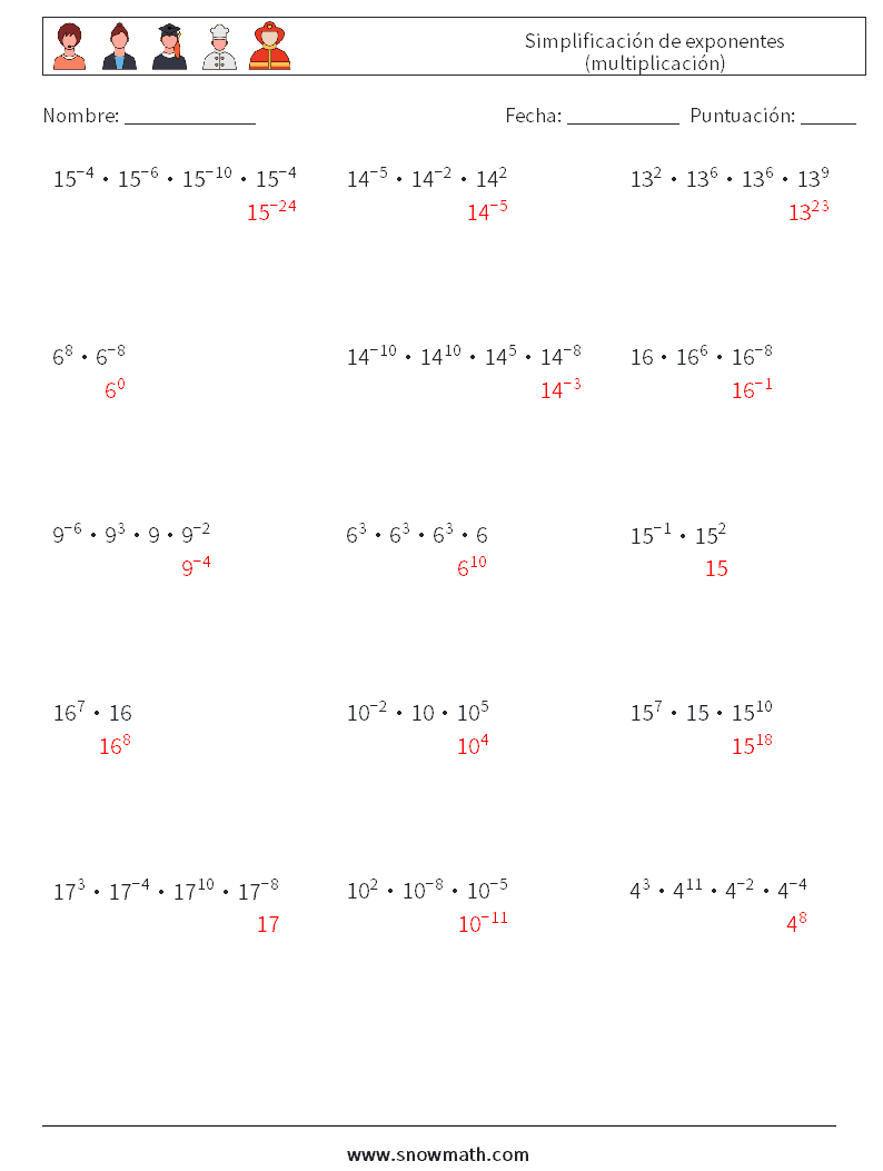 Simplificación de exponentes (multiplicación) Hojas de trabajo de matemáticas 8 Pregunta, respuesta