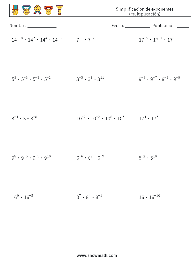 Simplificación de exponentes (multiplicación) Hojas de trabajo de matemáticas 9