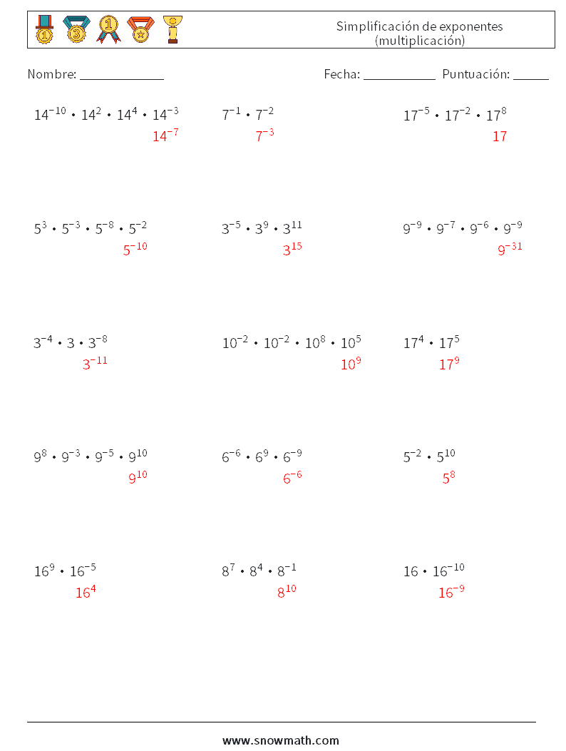 Simplificación de exponentes (multiplicación) Hojas de trabajo de matemáticas 9 Pregunta, respuesta
