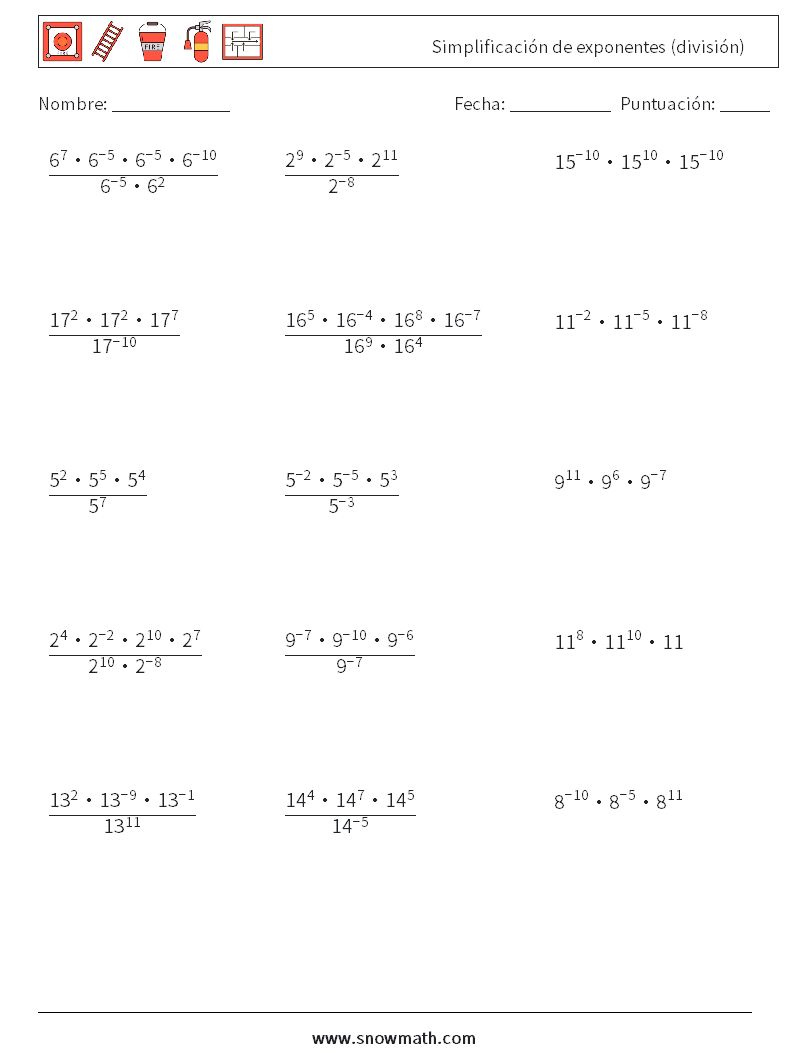 Simplificación de exponentes (división) Hojas de trabajo de matemáticas 1