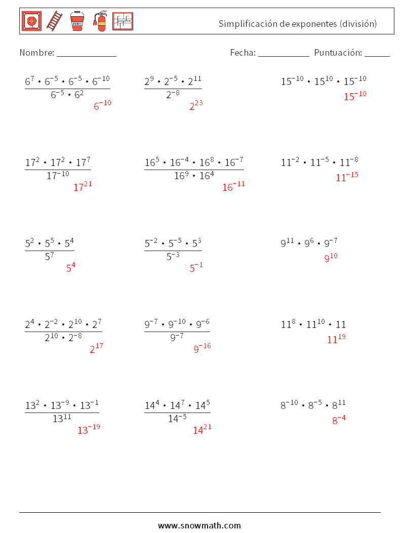 Simplificación de exponentes (división) Hojas de trabajo de matemáticas 1 Pregunta, respuesta