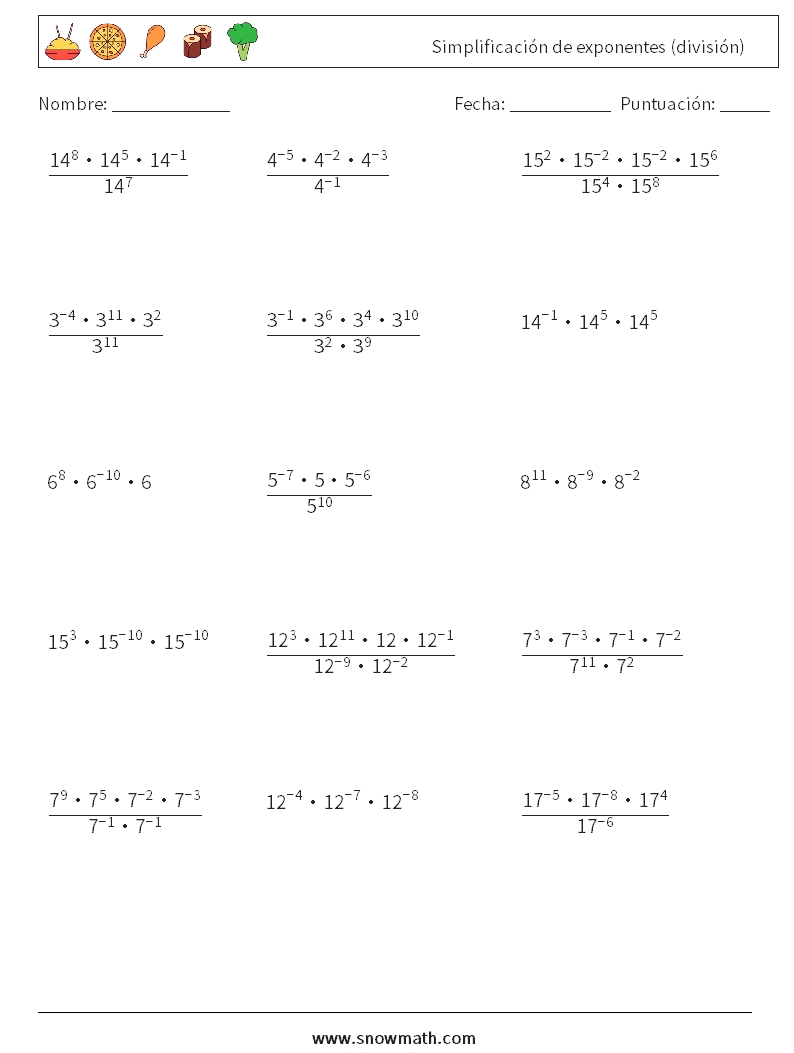 Simplificación de exponentes (división) Hojas de trabajo de matemáticas 2