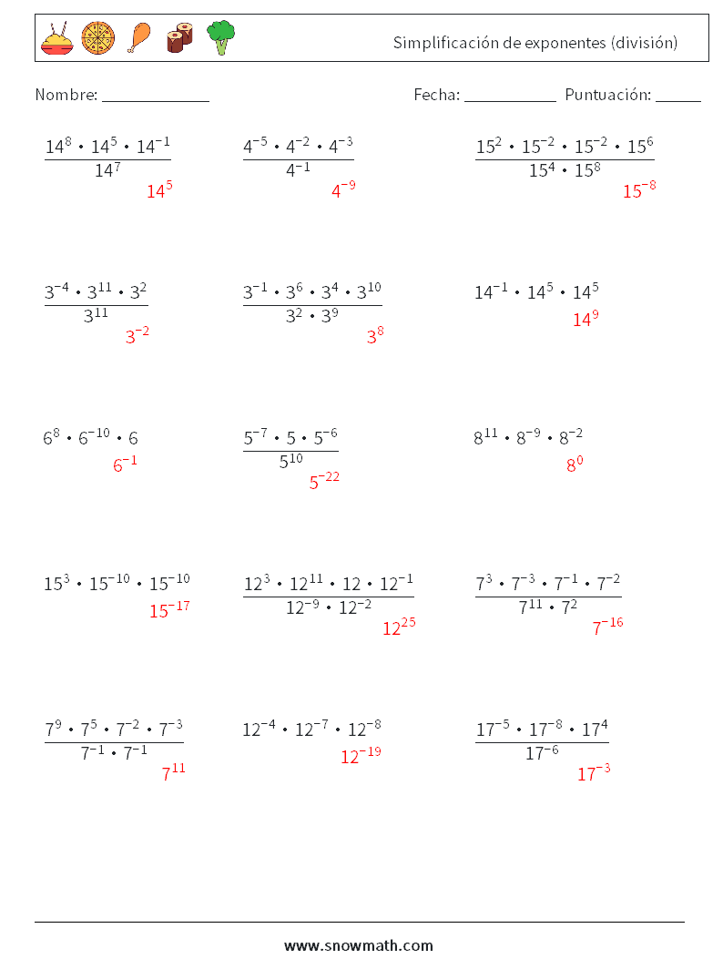 Simplificación de exponentes (división) Hojas de trabajo de matemáticas 2 Pregunta, respuesta